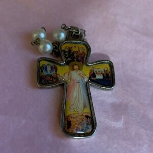 Religious Cross Pendant Necklace with Pearl Accents - Yellow